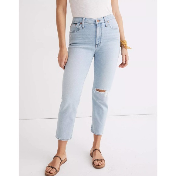Madewell Denim - Madewell Mid-Rise Classic Straight Jeans Wellingford Wash Knee-Rip Edition 28